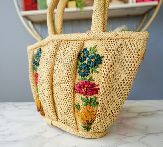 Vintage Straw Raffia Floral Embroidery Purse/ Vin… - image 8