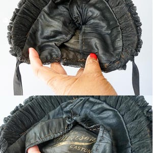 May include: Black silk bonnet with a ruffled edge and a label that reads "Sissons Easton Pa."