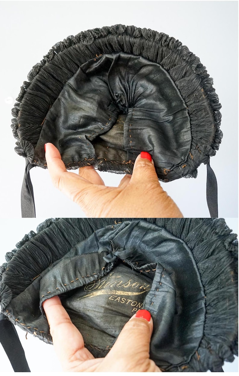 May include: Black silk bonnet with a ruffled edge and a label that reads "Sissons Easton Pa."