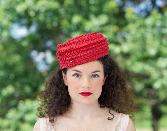 Vintage Red Straw Pillbox Hat, 1950s-60s Hat, Vintage Hat 