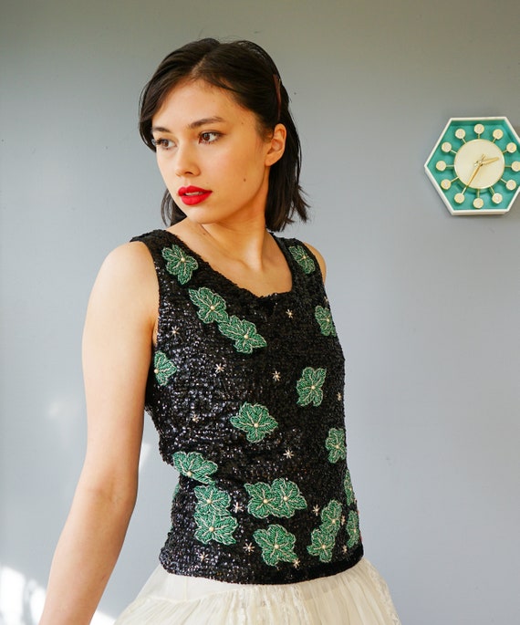 Vintage Floral Bead Sequin Blouse Size M, 1950s-1… - image 3