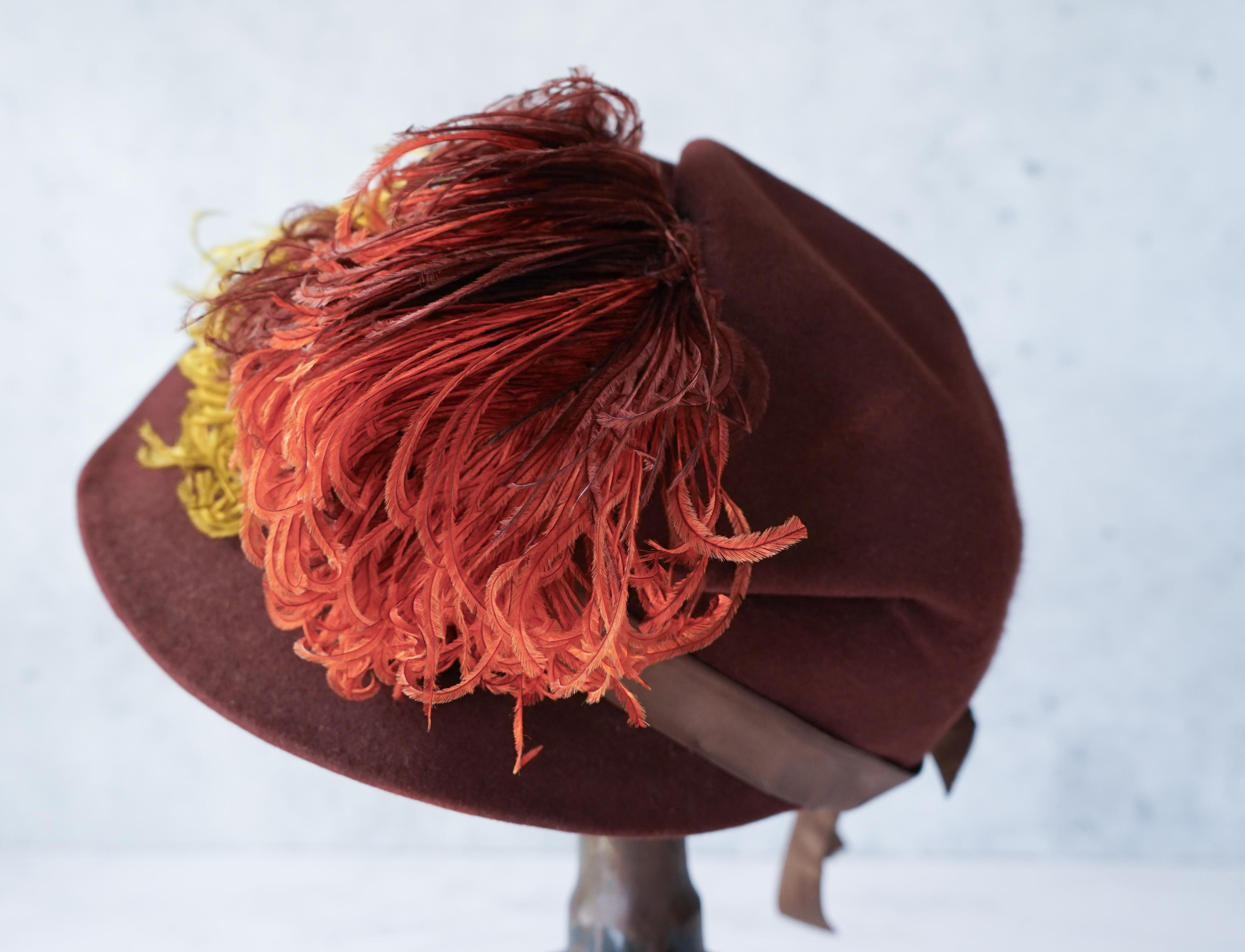 Handsome Vintage Hat with Rust Feathers Cinnamon Crepe Fall Winter Topper Canyon – Vintage Fedora in Sandstone Brown – Ruediger Hats main image 3