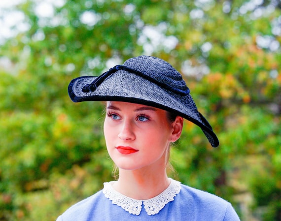 Vintage Black Straw Tilt Hat, Cartwheel Hat, 1940s