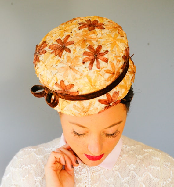 Vintage Floral Straw Raffia Hat, Vintage cloche H… - image 2