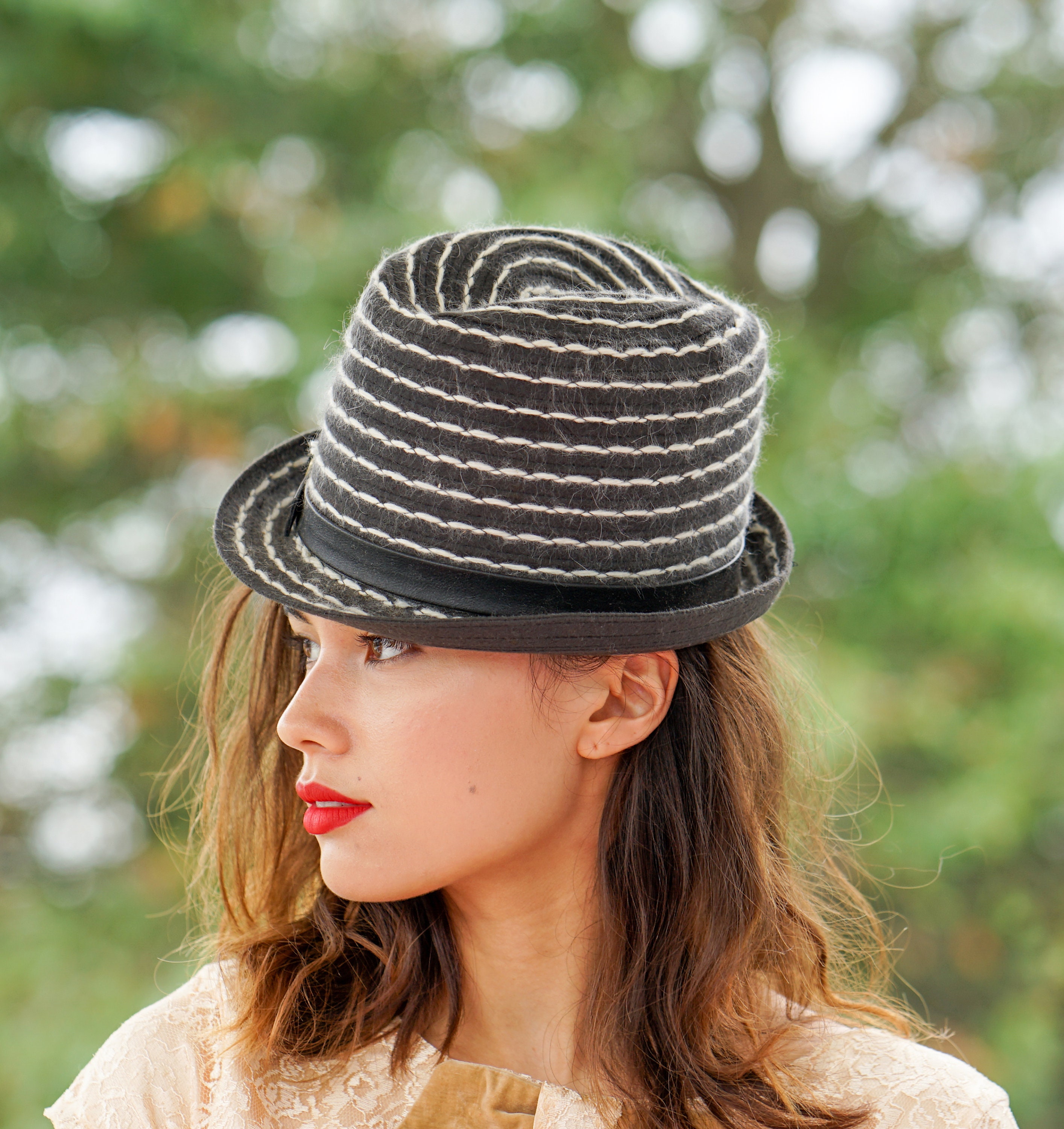 Vintage 1960s Women”s Fedora Style Hat Vintage Dark Blue Wide Brim Hat, Straw with Big Flower  main image 4