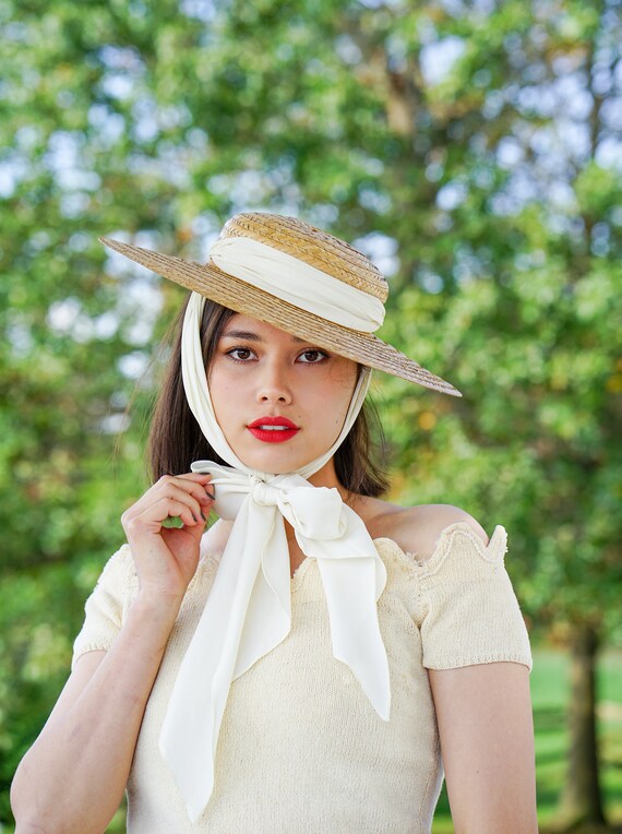 Vintage Straw Boater Scarf Hat, Sun Hat, Vintage H
