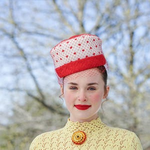 Vintage Red Polka Dot Pillbox Hat with Veil, 1950s-60s Hat, Mod Fashion Hat, Vintage Women Hat, Tea Party Hat, Rockabilly Hat, Whimsical Hat