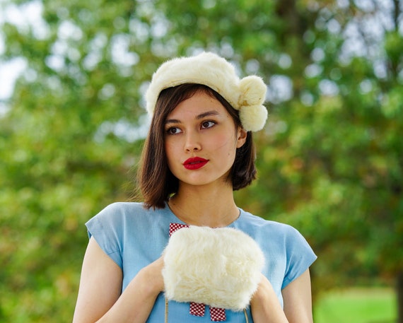 Vintage Fur Hat Hand Muff Set, 1950s-60s Hat and M