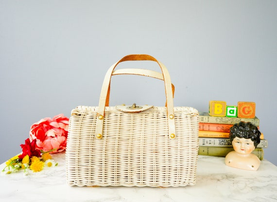 Vintage Wicker Leather Purse/ 1950s-60s Bag/ Woven