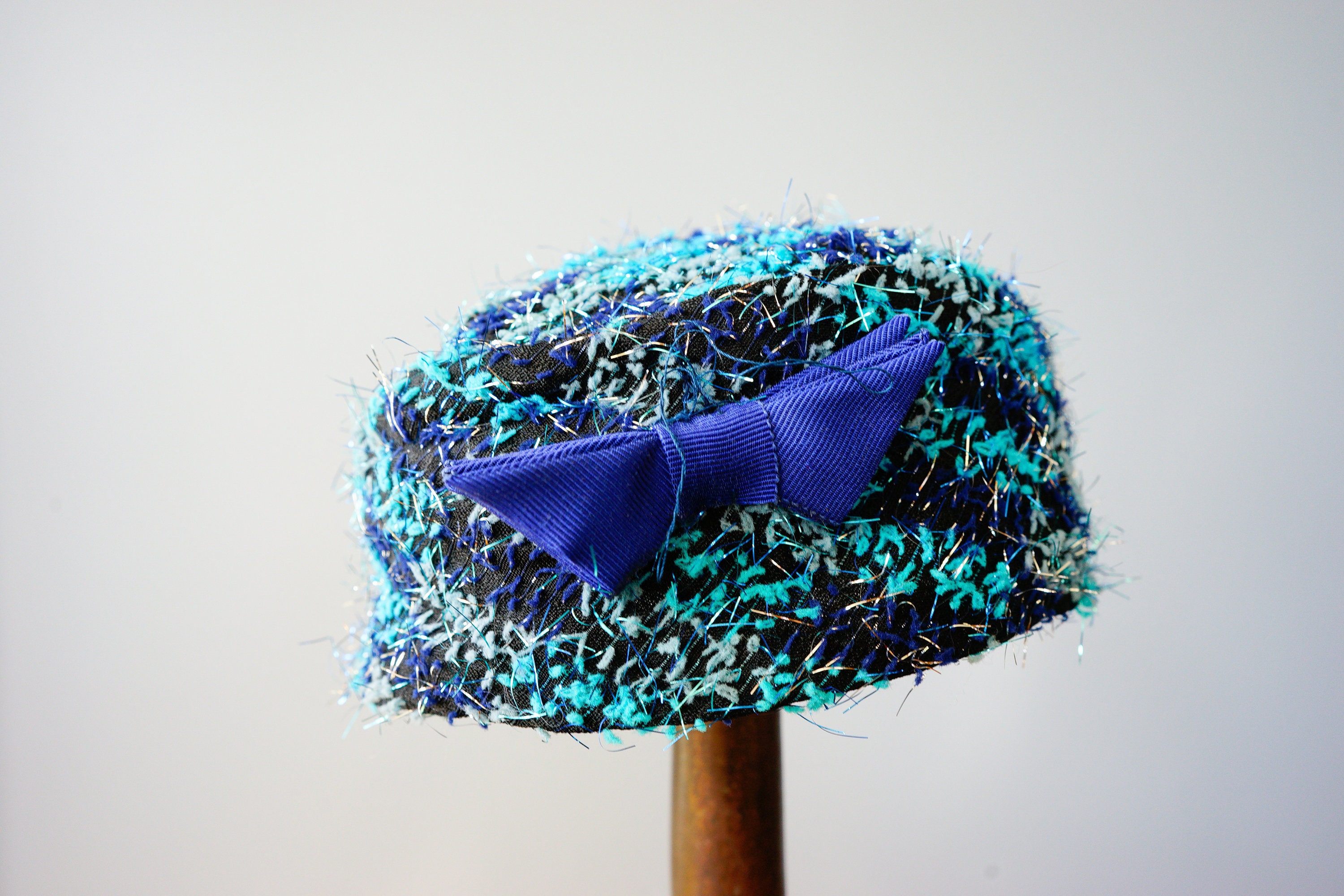 Vintage Turquoise Lame Pillbox Hat, Vintage Hat, 1950s Hat 