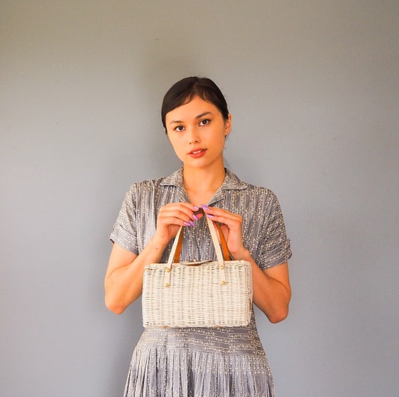 Vintage Wicker Leather Purse/ 1950s-60s Bag/ Woven