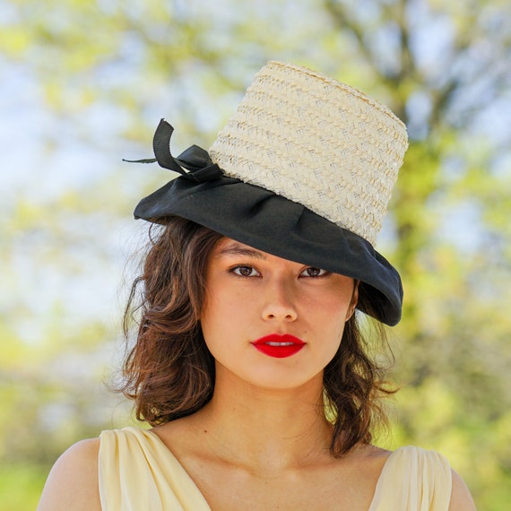 Vintage Straw Bucket Hat, Cloche Hat, 1950s-60s H… - image 4