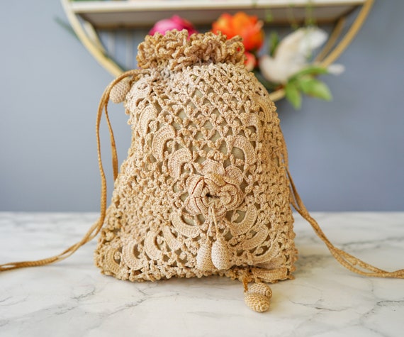Antique Victorian Crochet Reticule Purse/ Drawstr… - image 4