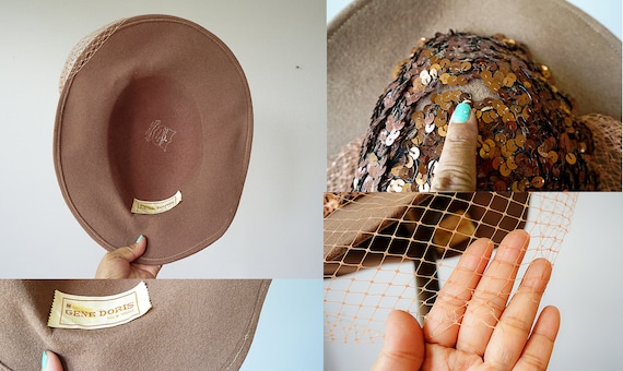 Vintage Wool Felt Sequin Tilt Hat, Cartwheel Hat, 1950s-60s  display picture 1