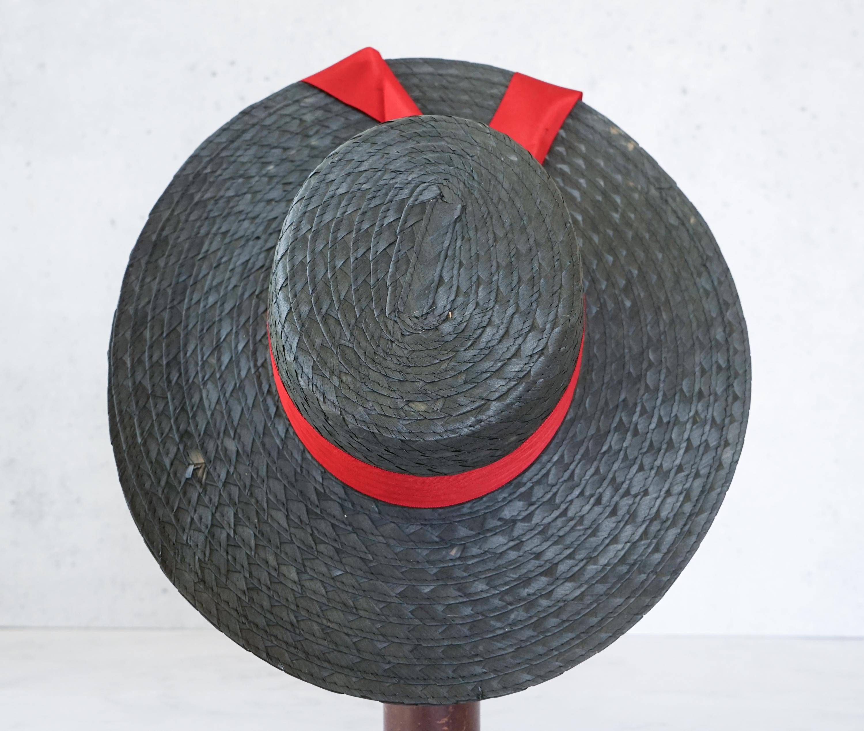 Vintage 1940s ? Raffia red straw boater hat with brim Sue Claire retro summer Vintage 1940s straw hats for sale main image 3