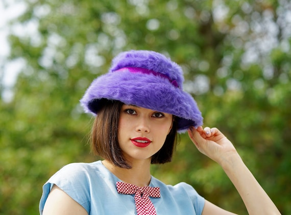 Vintage Violet Ribbit Fur Bucket Hat, Mushroom Hat