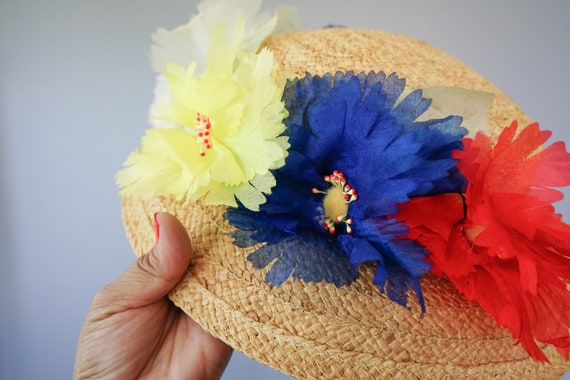 Vintage Floral Straw Bucket Hat, Boater Hat, 1960… - image 7