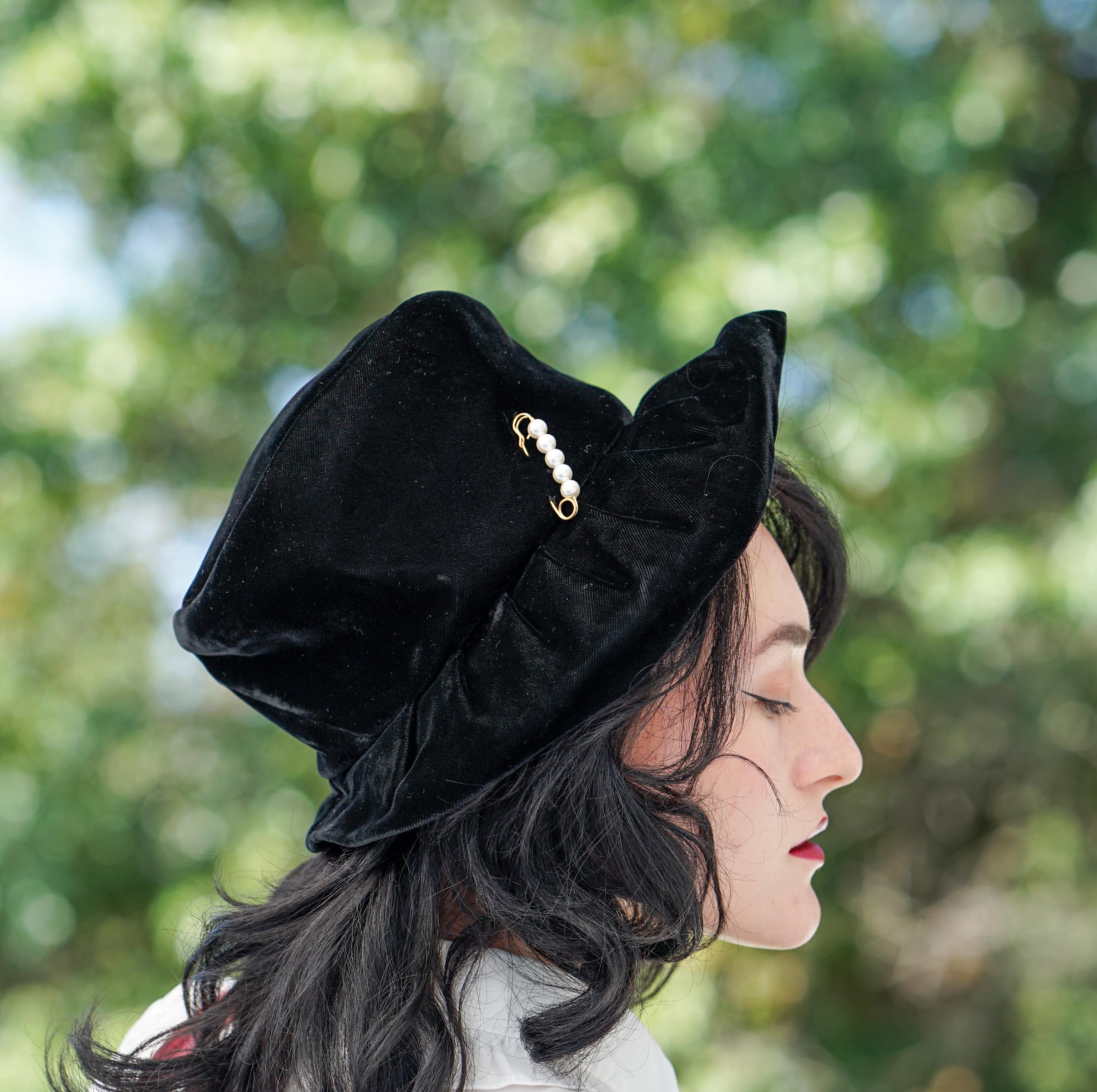 Vintage Black Velvet Bucket Hat, Brimmed Hat, Vintage Women 