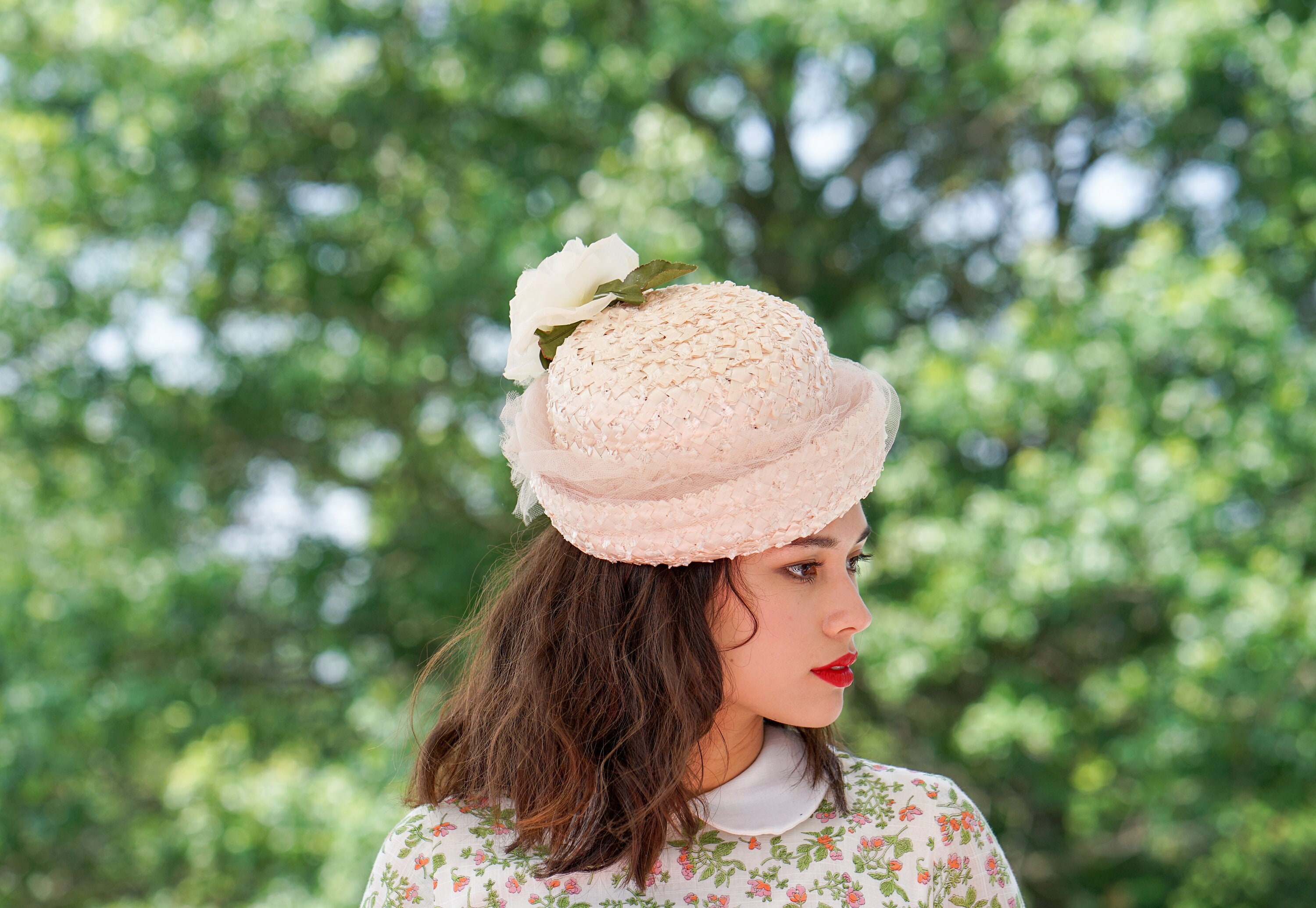 Vintage Floral Straw Bucket Hat, Cloche Hat, Vintage Hat 