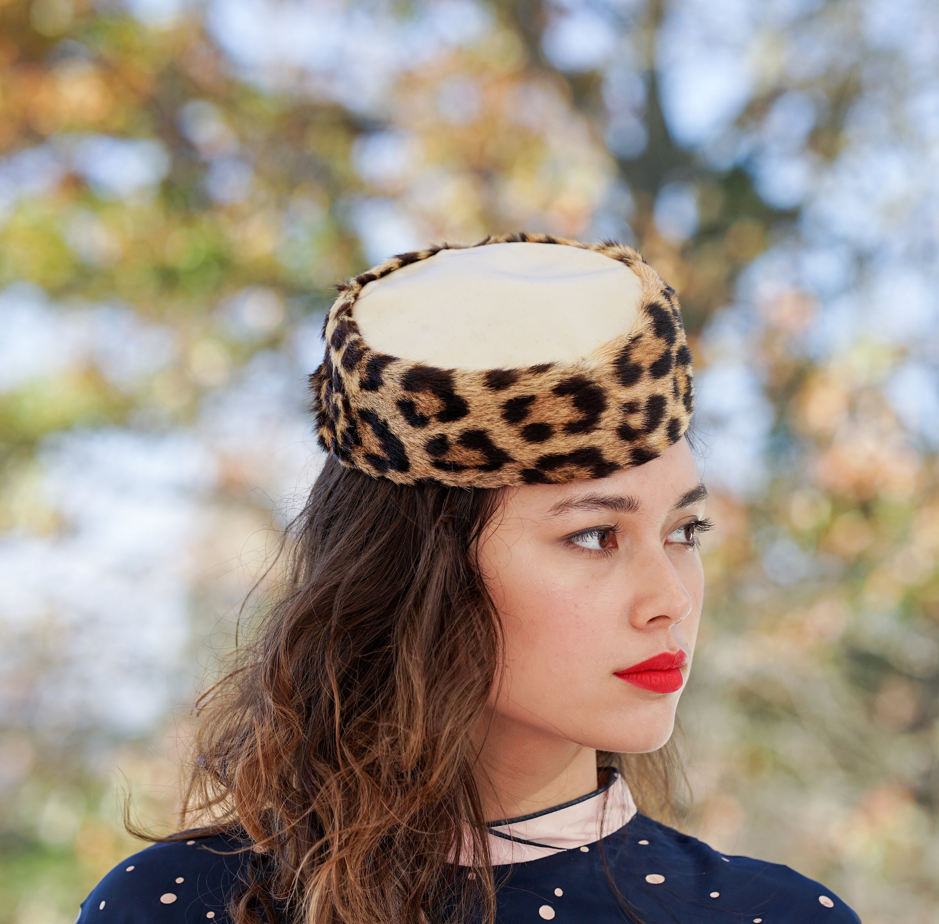 Whittall & Shon Vintage Leopard Pillbox Hat with Feathers Adolfo Realites Faux Leopard Pillbox Hat Black Details 7 1/2  main image 2