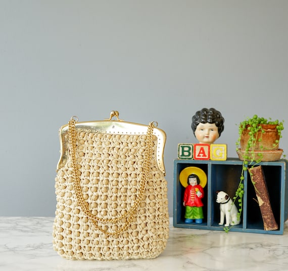 Vintage Italy Bead Straw Frame Purse/ 1950-60s Pur