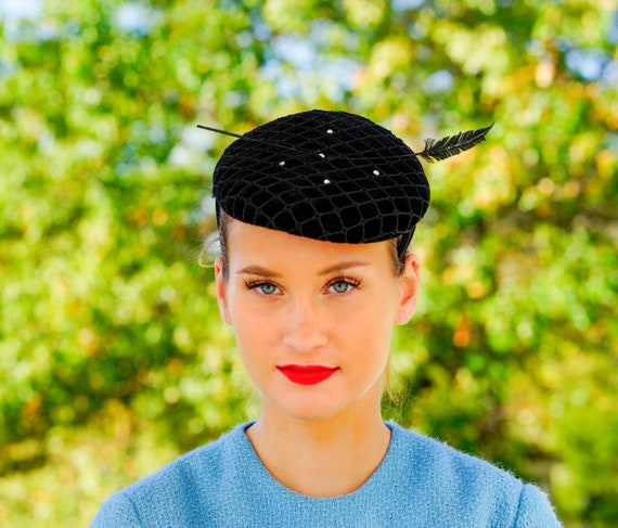 Vintage Velvet Half Hat with Feather, Vintage Hat,