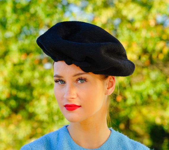 Vintage Black Faux Fur Beret Hat 