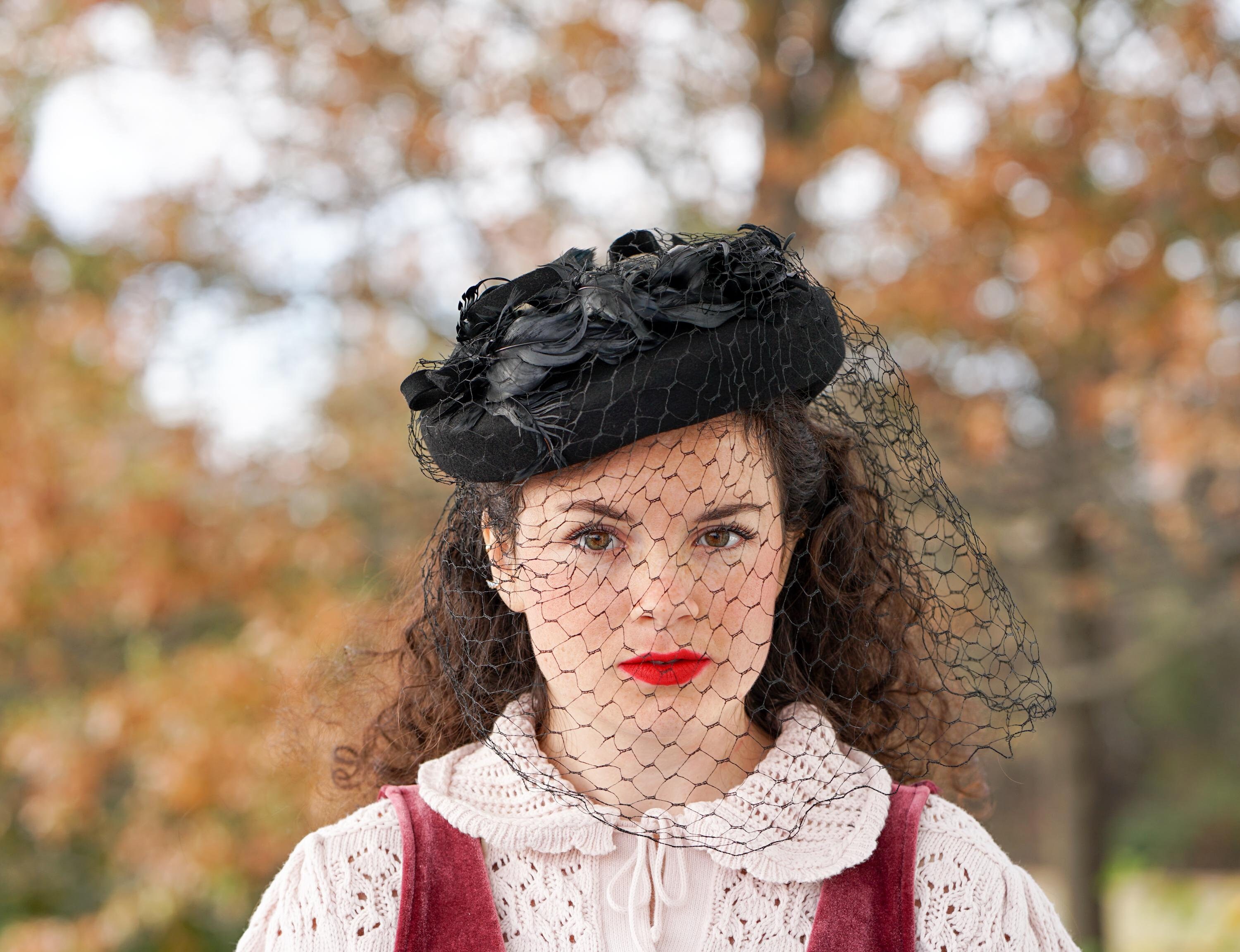 Vintage 1940s Wool Feather Tilt Topper Hat With Veil, Pillbox Hat