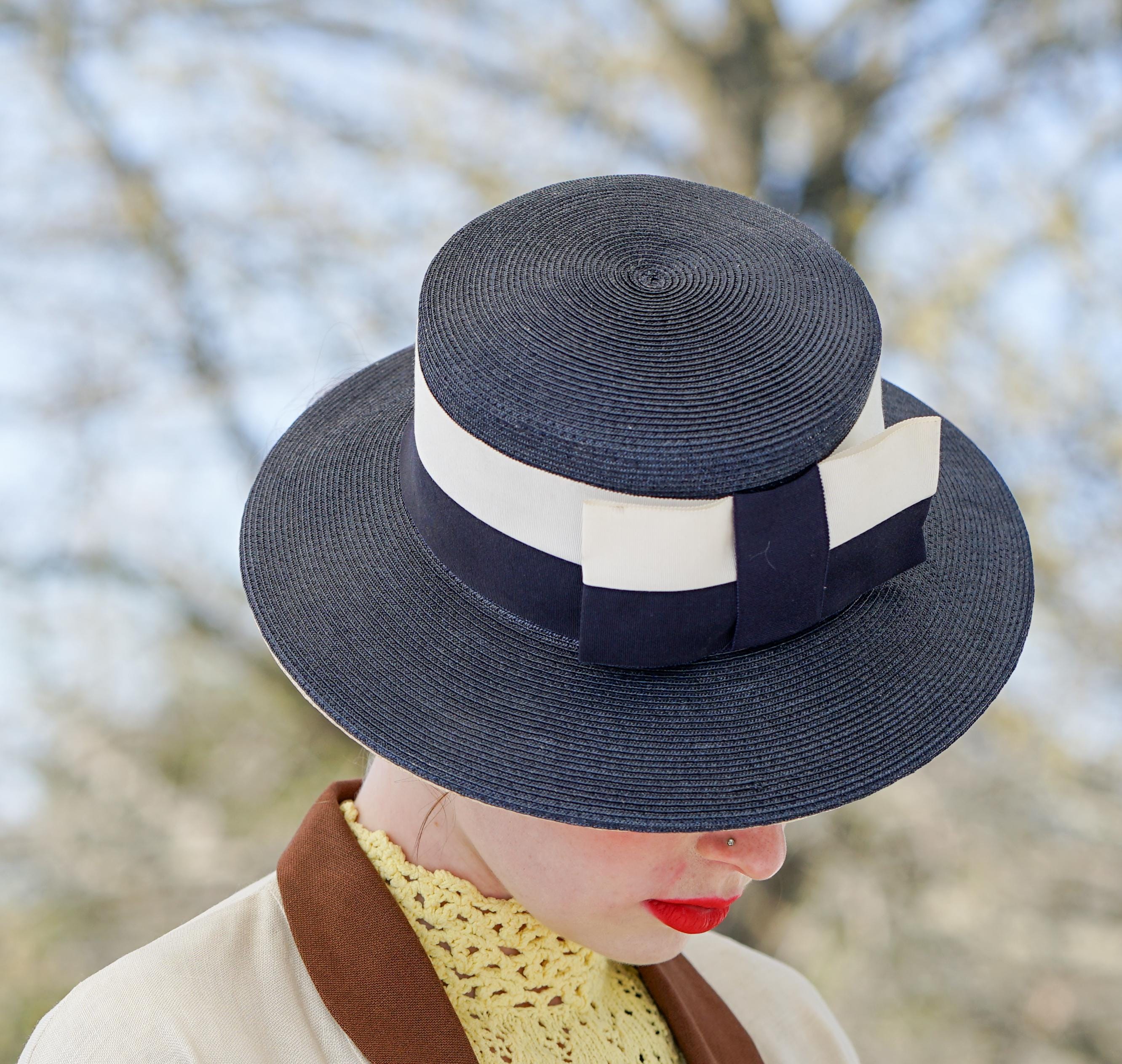 Vintage Georgi Sapphire Blue Straw Raffia Wide Brim Bow Accent Boater Derby Hat Navy Blue Straw Derby Hat: Silk Flower Trim, Wedding Guest  main image 3