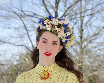 Vintage Elsa Schiaparelli Floral Pilbox Hat, Vintage Hat, 1960s Hat, Women Hat, Wedding Ascot Hat, Tea Party Hat, Wedding Hat, MCM Hat