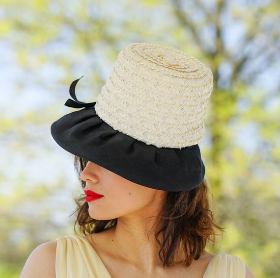 Vintage Straw Bucket Hat, Cloche Hat, 1950s-60s H… - image 2