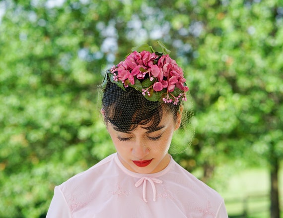 Vintage Floral Veil Half Hat, 1950s Hat, Whimsy Ha
