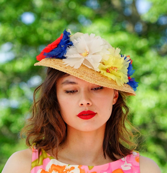 Vintage Floral Straw Bucket Hat, Boater Hat, 1960… - image 3