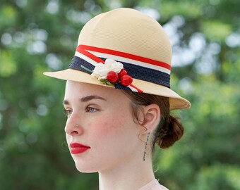 Vintage Cherry Floral Straw Bowler Hat: 1950s-60s Retro MCM  display picture 1