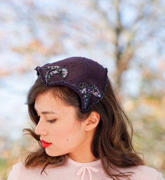 Buy Vintage Wool Bead Sequin Half Hat, Vintage Hat, 1950s 