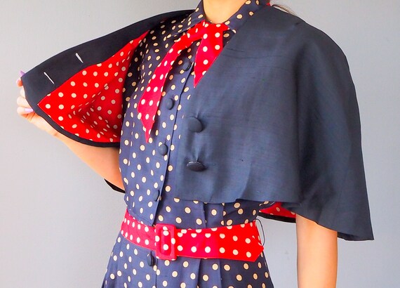 Vintage 1950s Cape Polka Dot Dress and Bolero Jac… - image 8