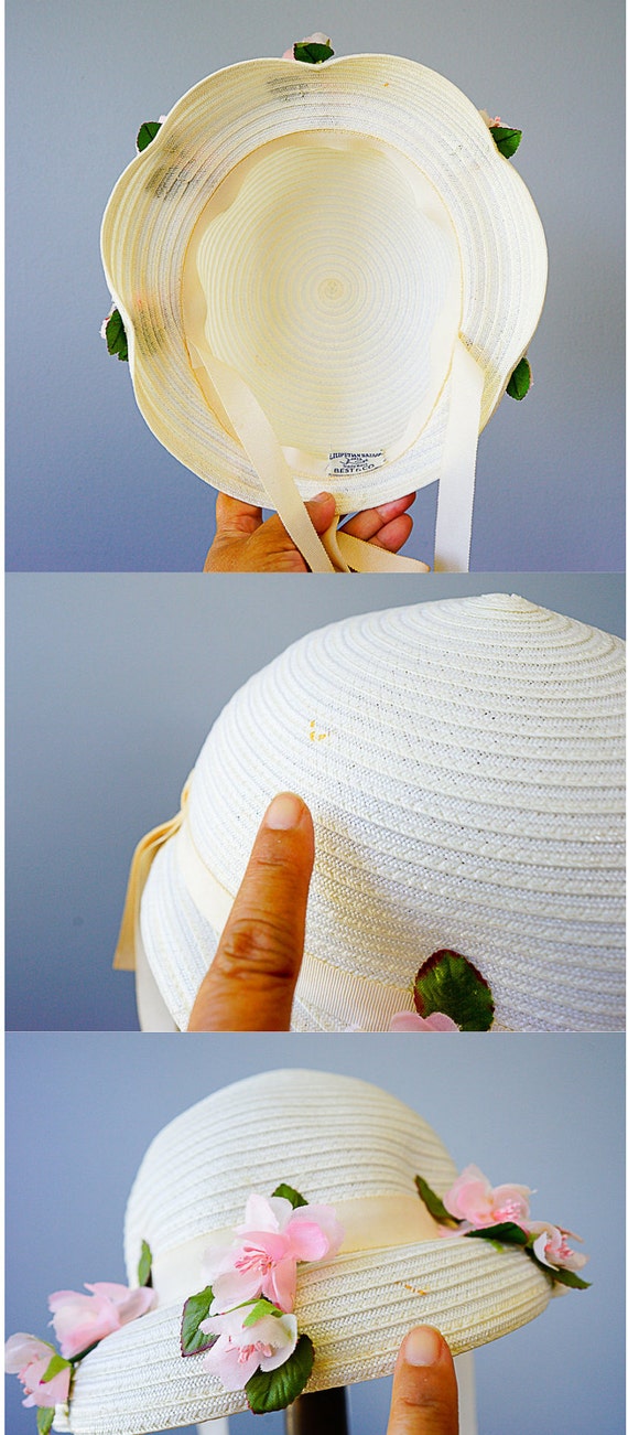 Vintage Straw Floral Easter Bonnet Hat, 1950s Hat, Sailor  display picture 1