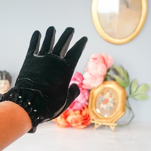 Vintage Silk Velvet Rhinestones Ladies Gloves Fownes/ 1950s-60s Gloves/ Vintage Gloves/ Evening Gloves/ Women Gloves/ Vintage MCM Accessory