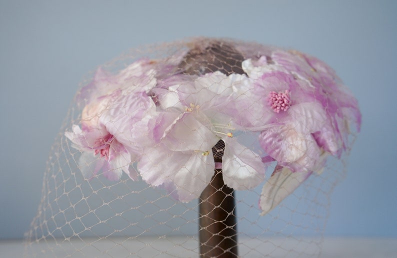 Vintage Floral Half Hat with Veil, Whimsy Hat, Birdcage Hat, Vintage Hat, 1950s-60s Hat, Tea Party Hat, Wedding Hat, Kentucky Derby Hat image 9