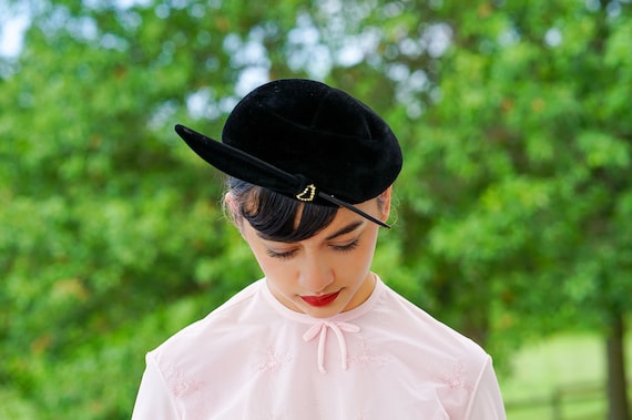 Vintage Black Velour Feather Half Hat, Close Hat,