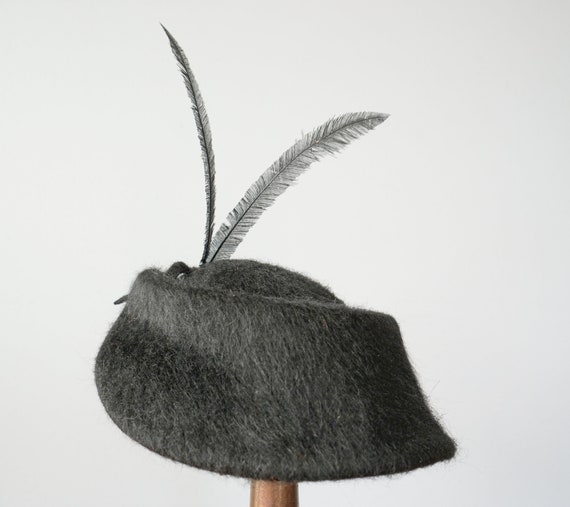 Vintage Woold Feather Pillbox Hat, Vintage Half H… - image 6