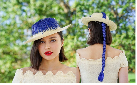 Vintage Straw Boater Pigtail Hat with Hat Box, Nov