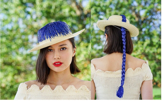 Vintage Straw Boater Pigtail Hat with Hat Box, No… - image 1