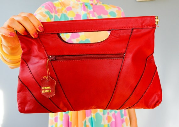 Vintage Red Leather Clutch/ 1970s-1980s Purse/ Vi… - image 2