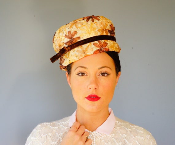 Vintage Floral Straw Raffia Hat, Vintage cloche H… - image 1