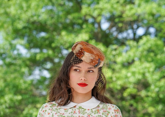 Vintage Feather Pillbox Hat With Veil by Lord Taylor, 1950s  display picture 3
