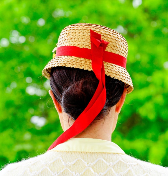 Vintage Straw Hat with Flower, Sailor Hat, 1950s … - image 5