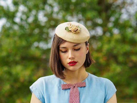 Vintage Floral Straw Cocktail Hat, Half Hat, Women