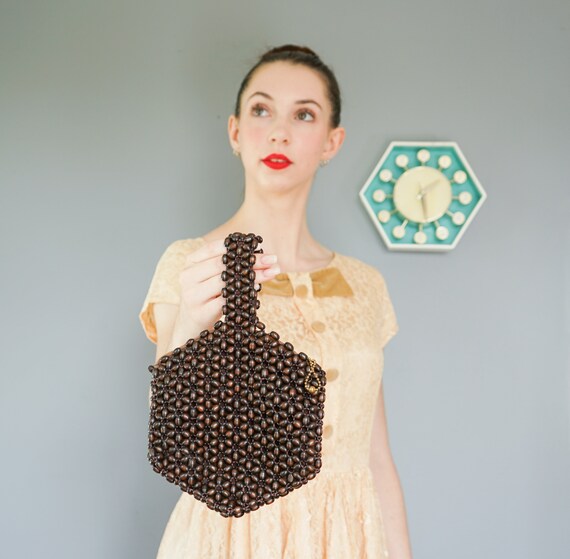 Vintage 1930s Czechoslovakia Wood Bead Bag/ Wrist… - image 4