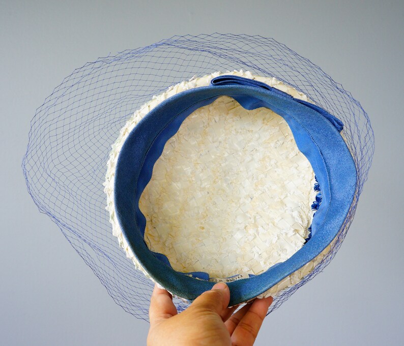 May include: A vintage hat with a cream-coloured woven design, a vibrant blue interior, and a matching blue bow. A delicate blue netting veil drapes over the hat's brim, adding a touch of elegance. The hat is held by a hand.